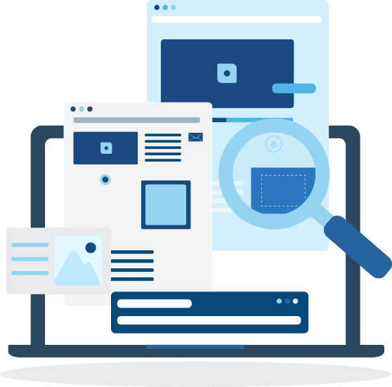 Laptop screen showing webpages and a giant magnifying glass. Illustration.