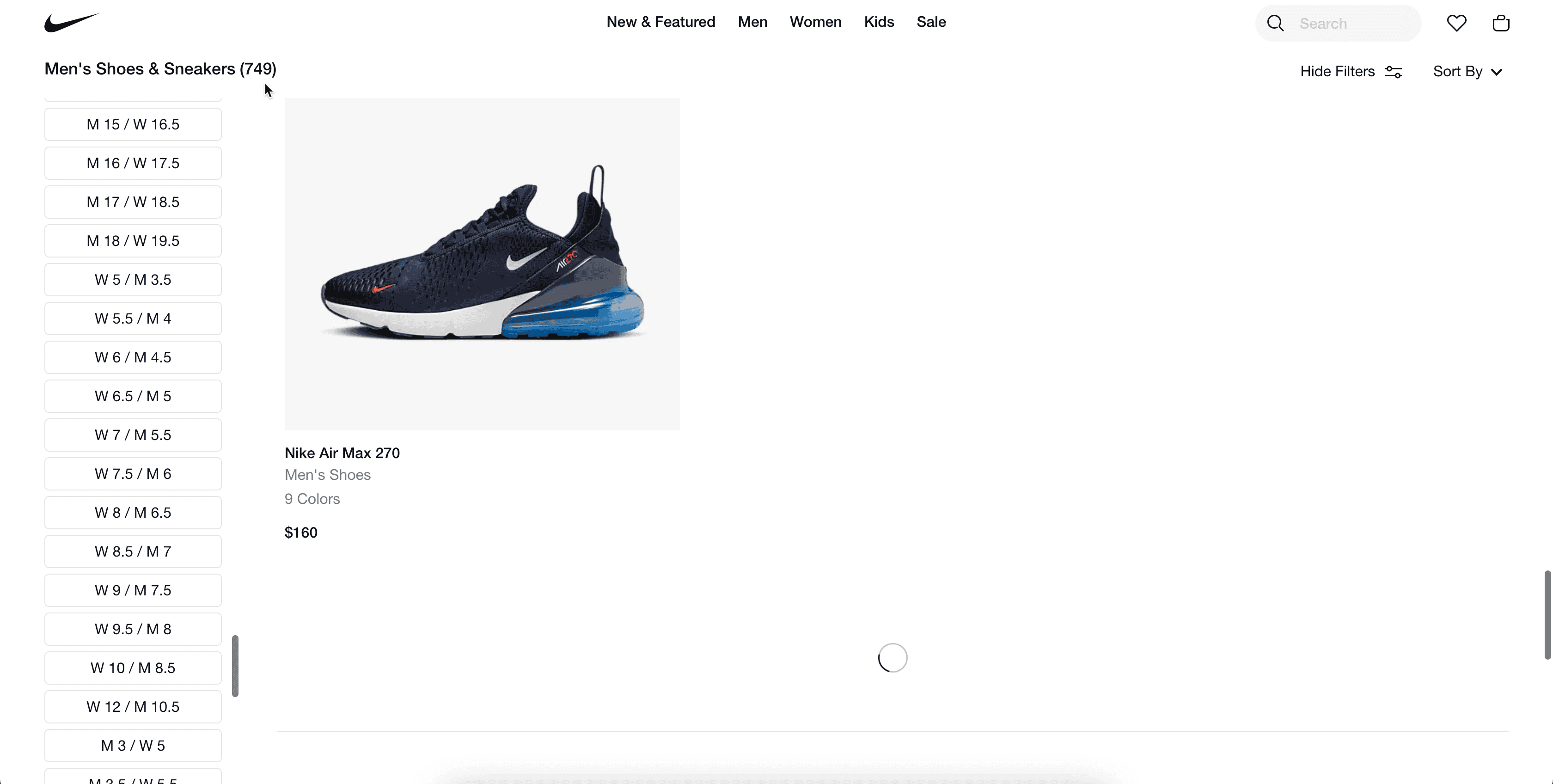 Nike.com product page. One product loaded with the page loading wheel displayed below.