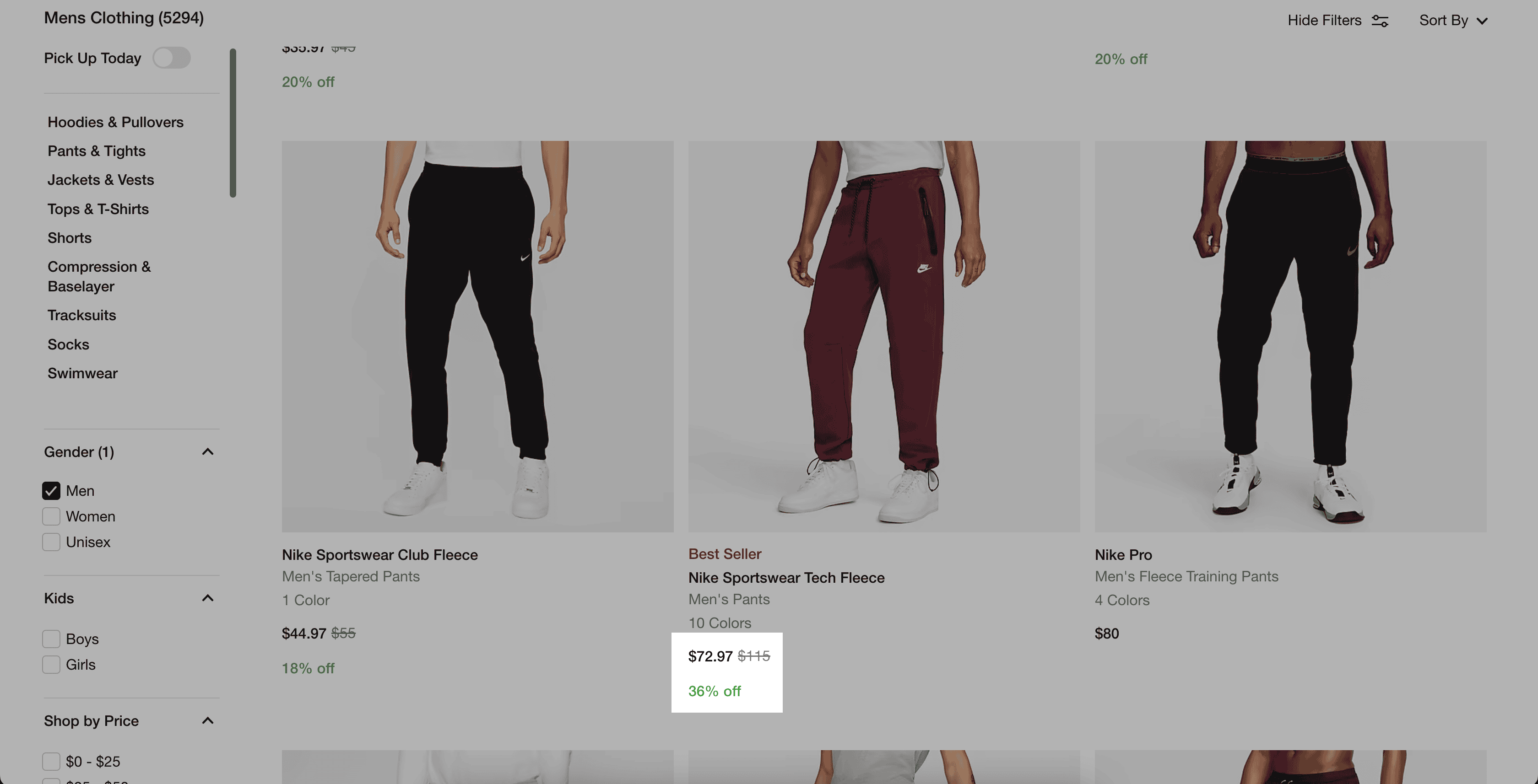 Nike.com product page. Highlighted is product savings: Originally $115, reduced to $72.97. 36% off.