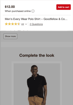 Target.com mobile site. Header: Add to cart. $12.00 when purchased online. Men's Every Wear Polo Shirt - Goodfellow & Co.