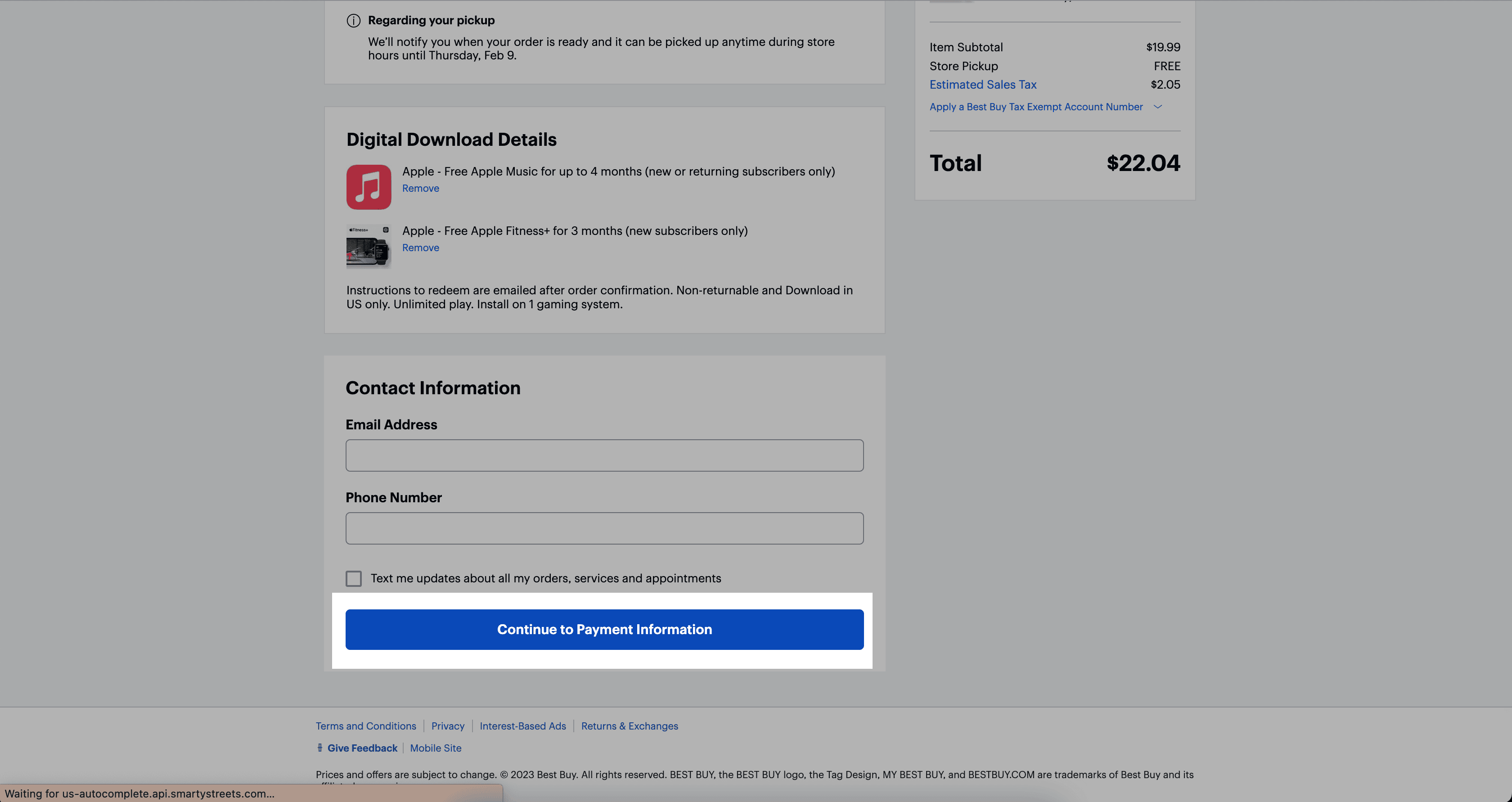 BestBuy.com checkout flow. Multiple pages, highlighted with the button to click to the next page: Continue to Payment Information.