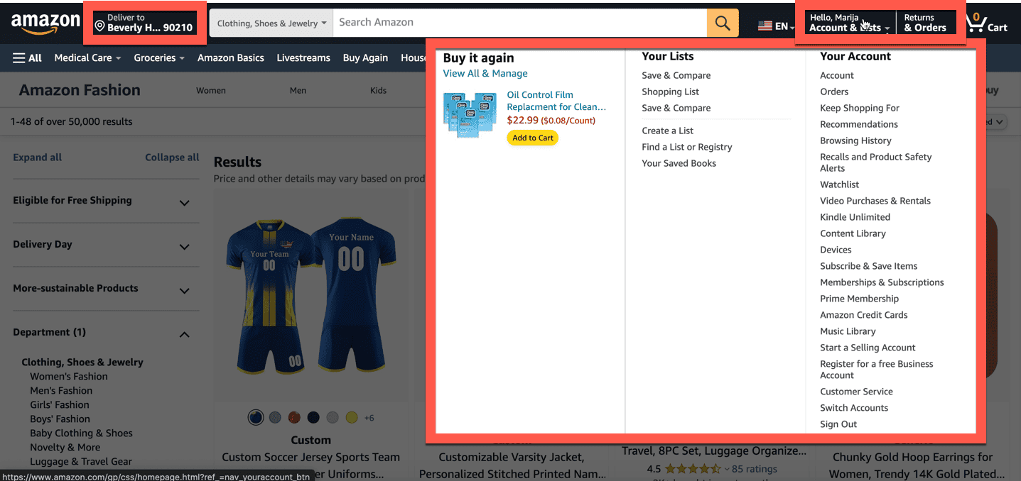 Amazon navigation bar. Highlighted: Delivery address. Drop-down account info includes previous order history (buy it again), your lists, and your account.