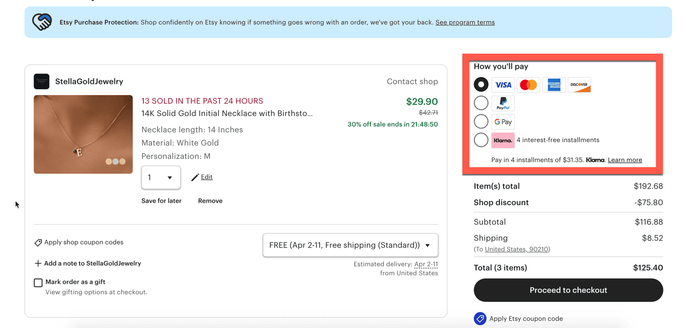 Etsy.com purchase options. How You'll Pay: Visa, Mastercard, American Express, Discover. PayPal. Google Pay. Klarna, 4 interest-free installments.