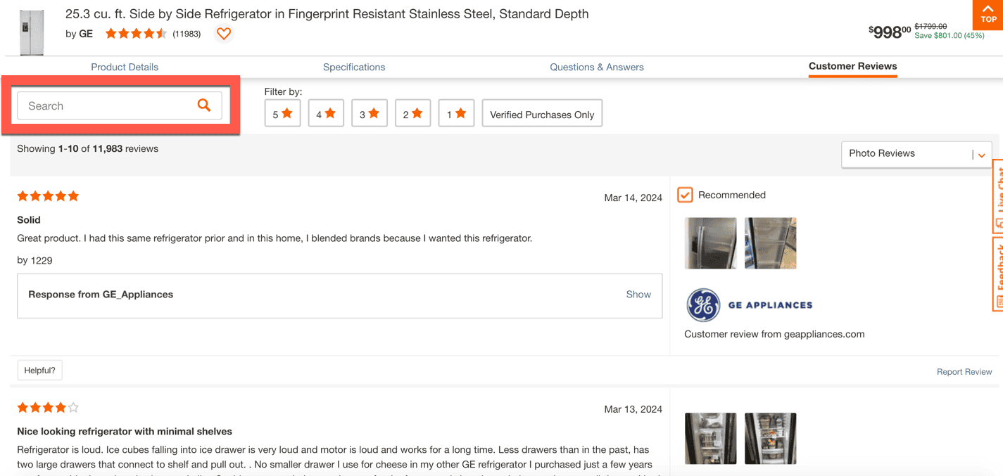 HomeDepot.com, with highlighted box for searchable reviews.