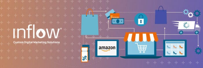 Illustration of Amazon logo and eCommerce website pages. Logo: Inflow. Custom Digital Marketing Solutions.
